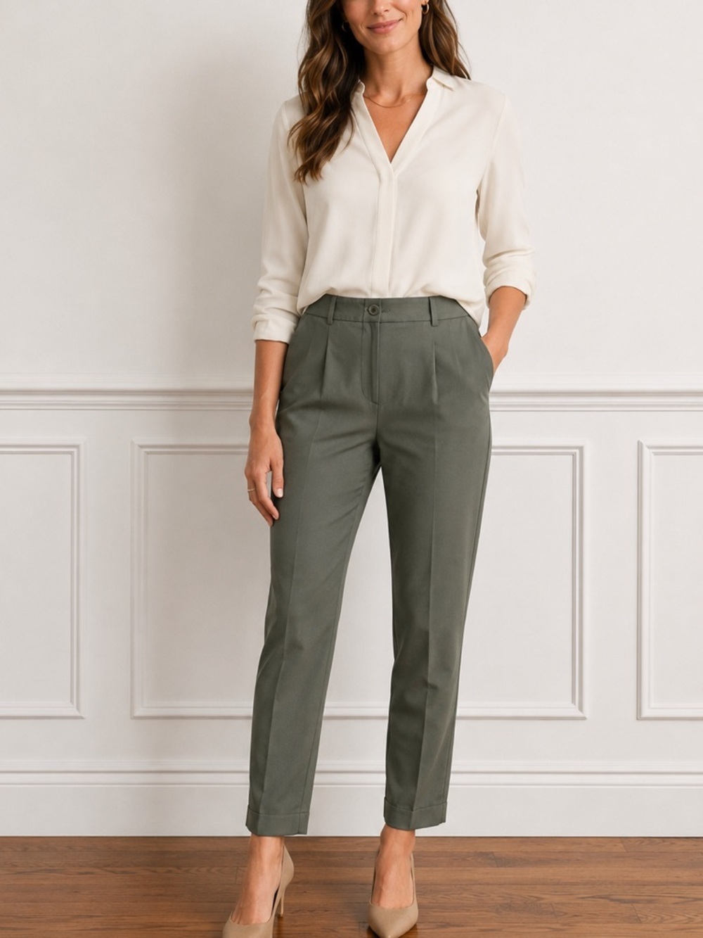 LOFT Outlet Pleated Front Skinny Ankle Pants Size 14 Olive Green Career Office